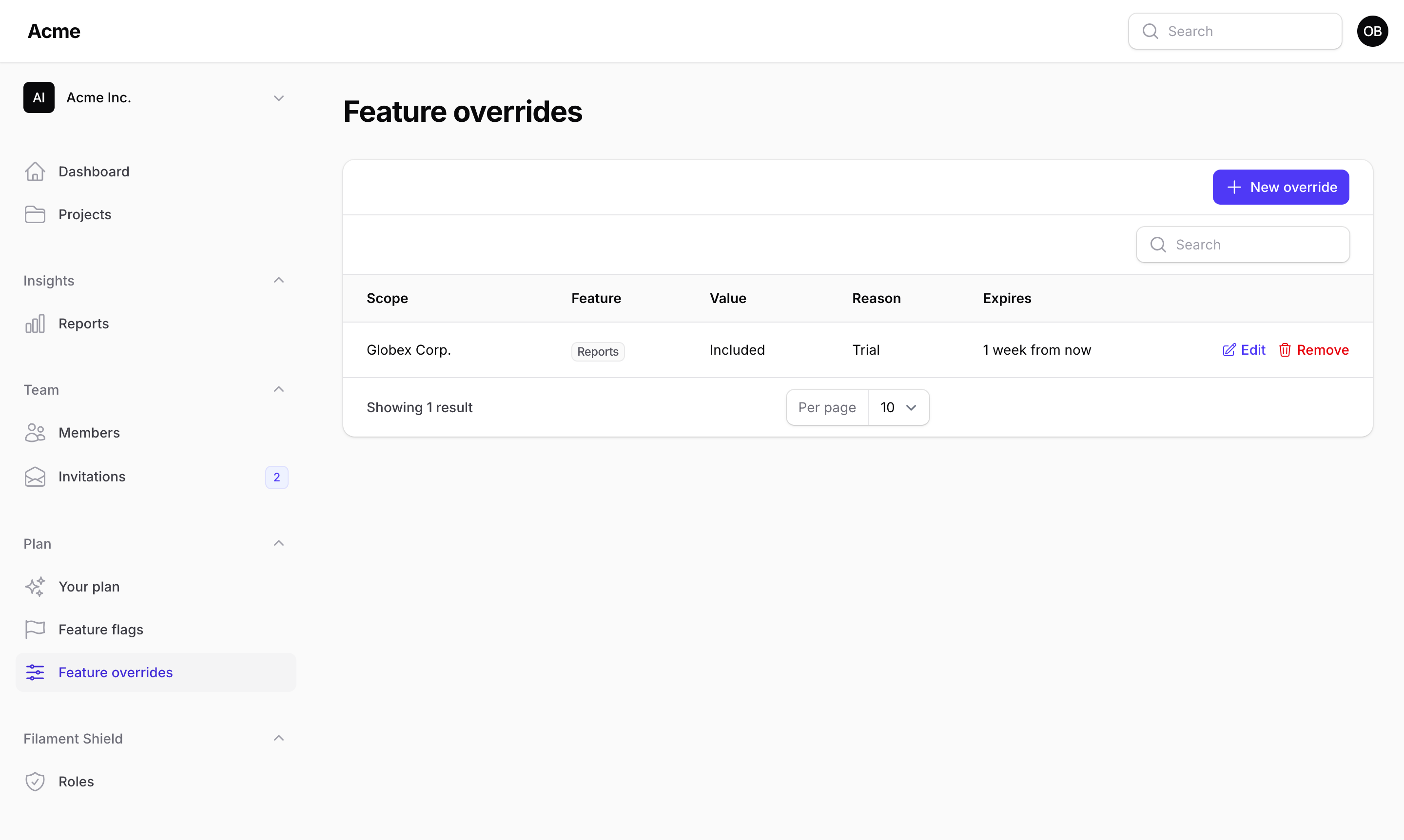 Feature overrides page