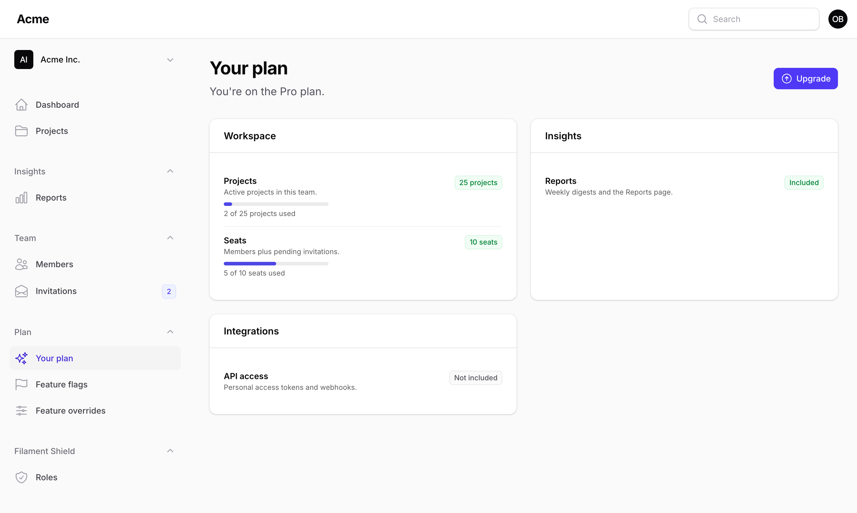 Your plan page with usage bars