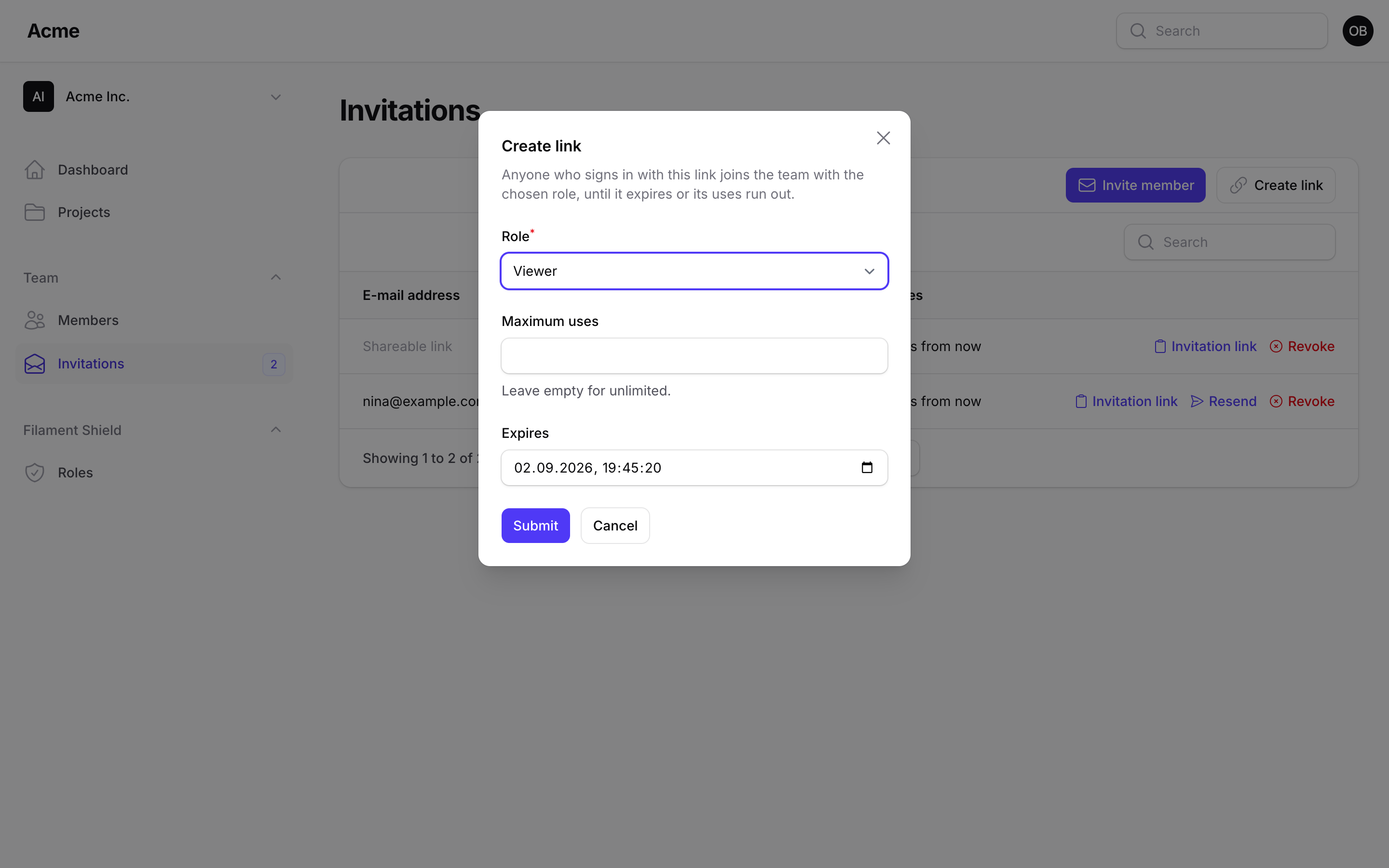 Create link modal