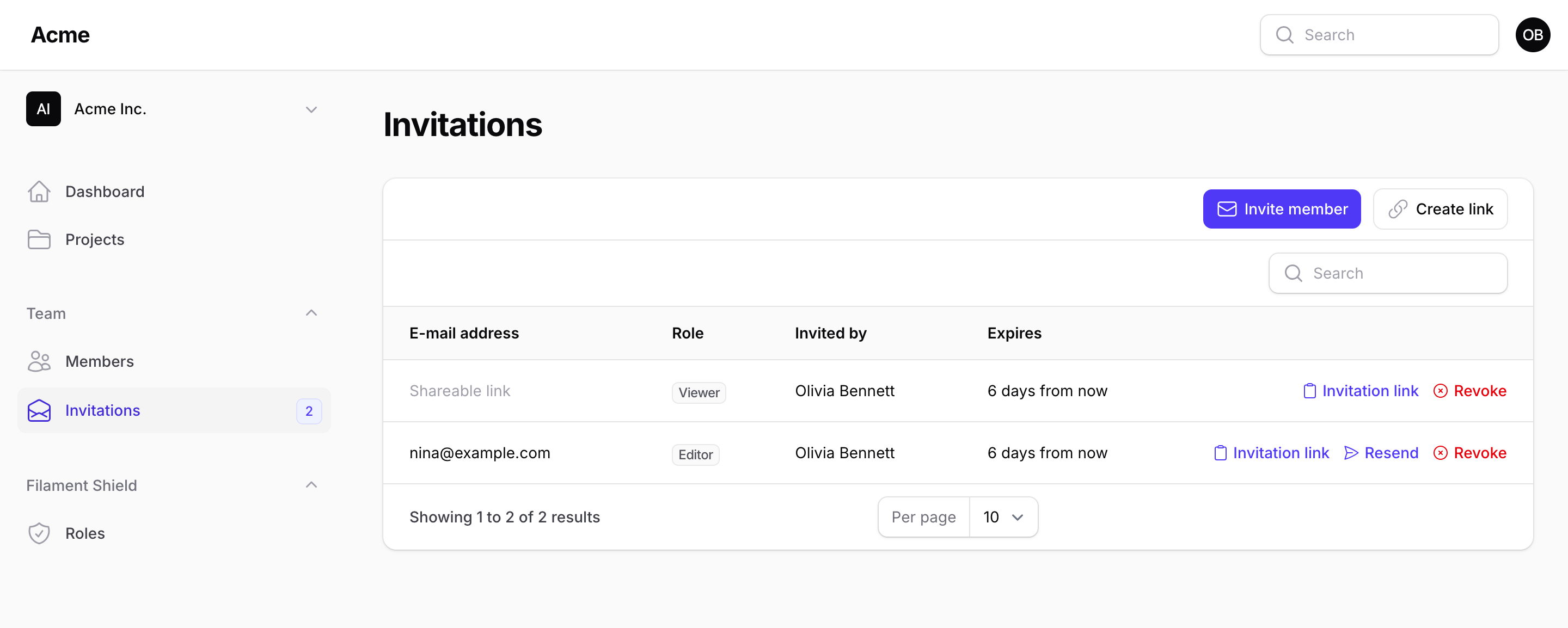 Invitations page listing a pending invitation and a shareable link