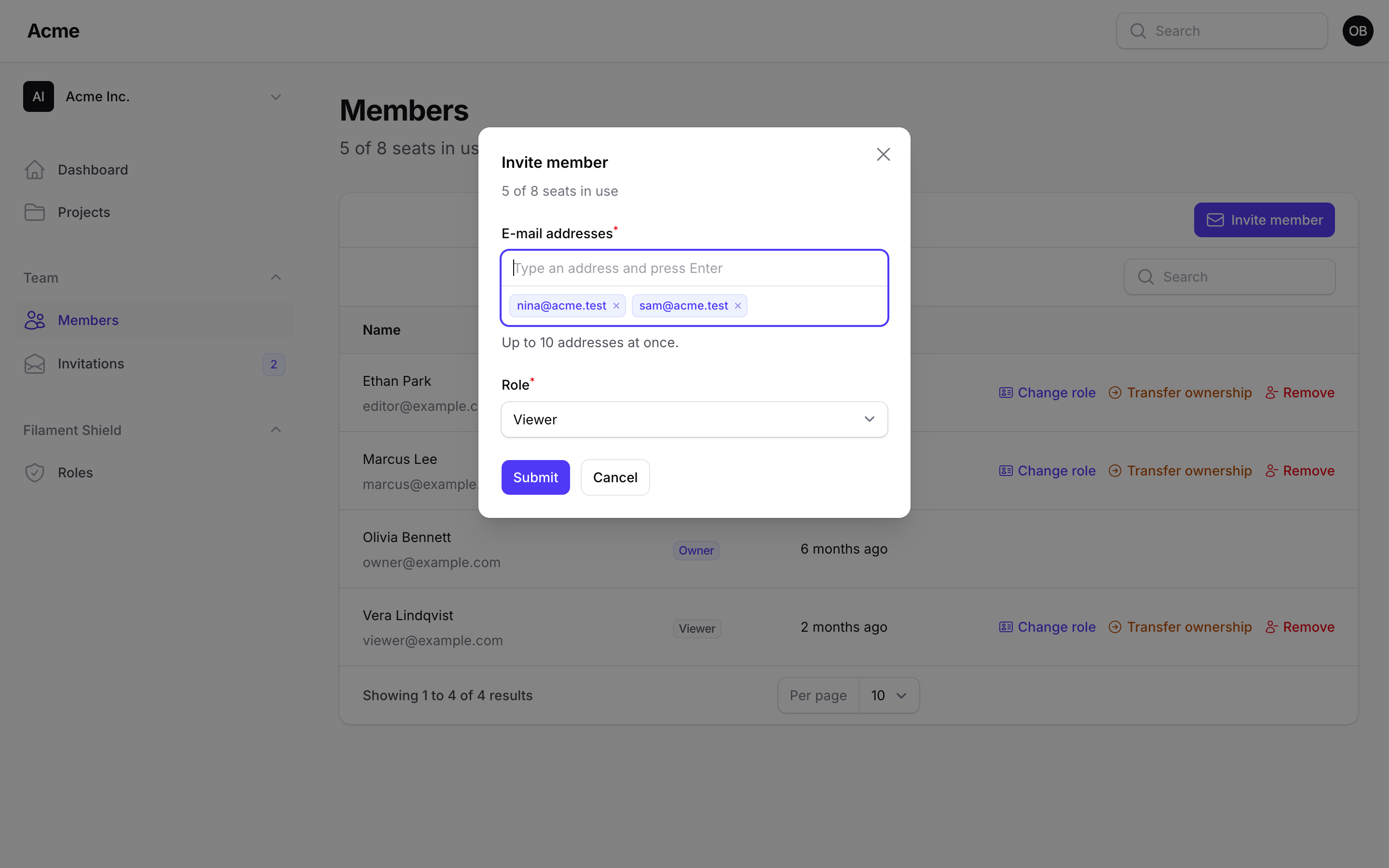 Invite member modal with a tags input for addresses and a role select