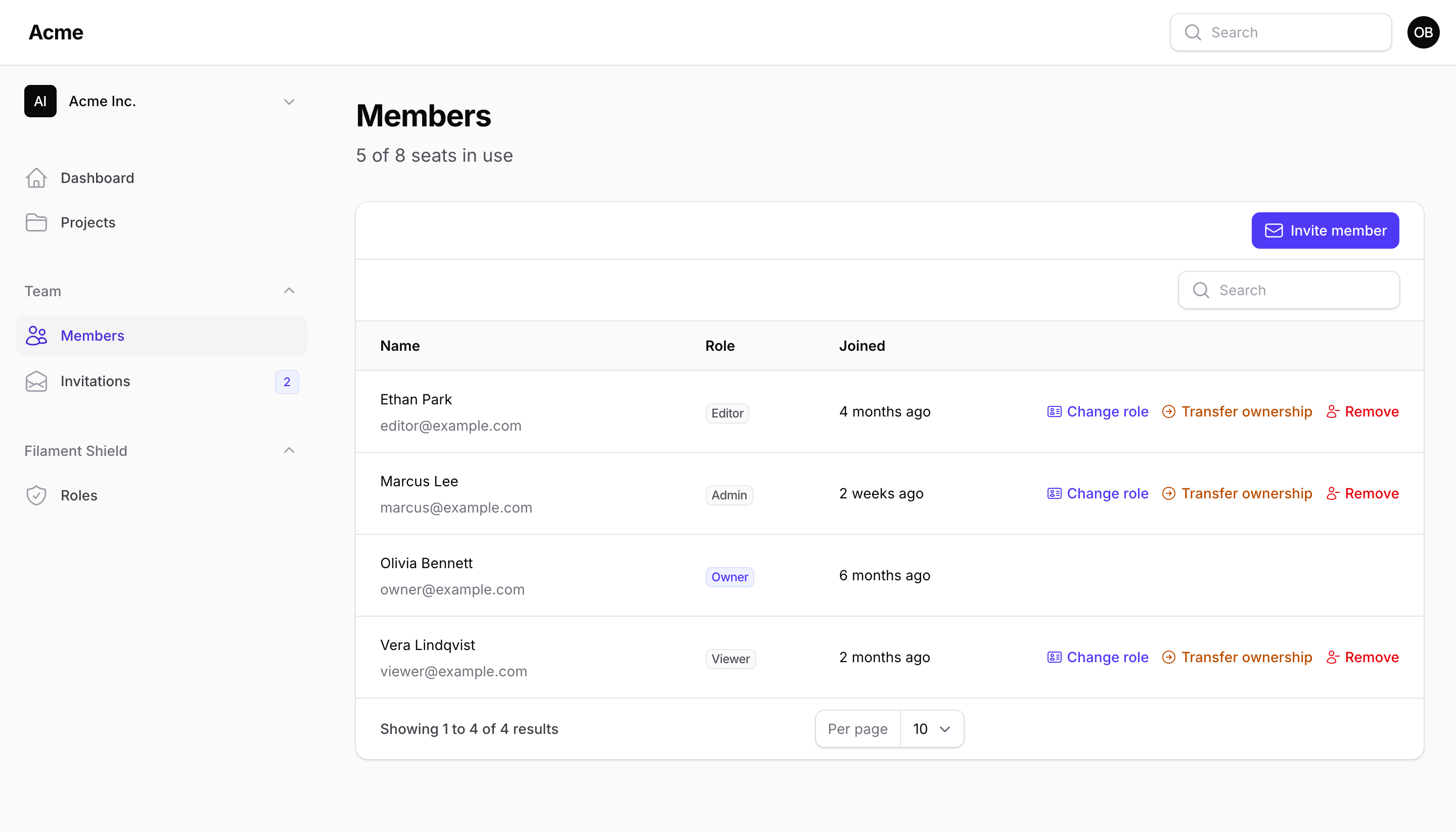 Members page with roles, seats and per-row actions