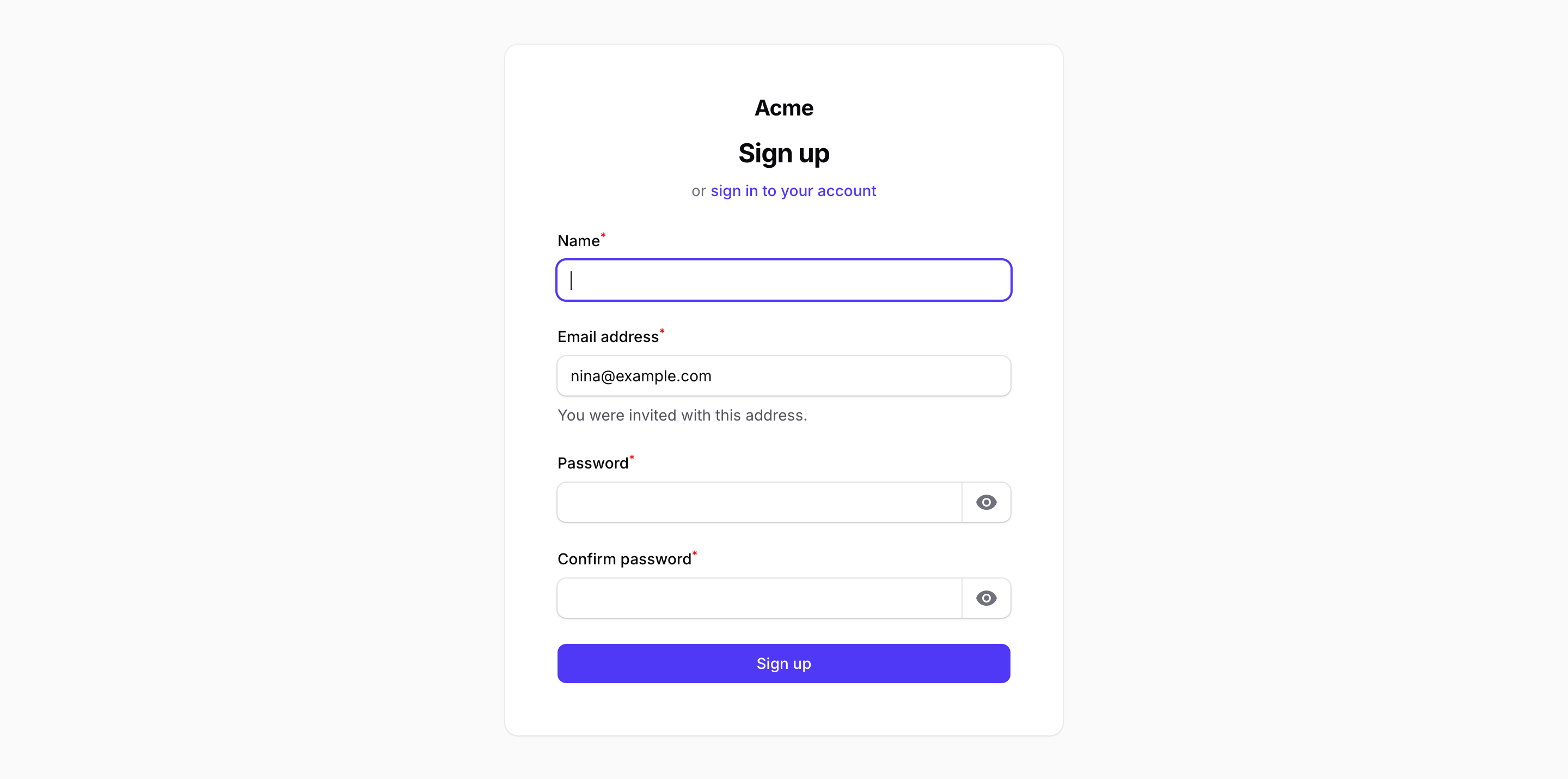 Registration page with the invited e-mail prefilled and read-only