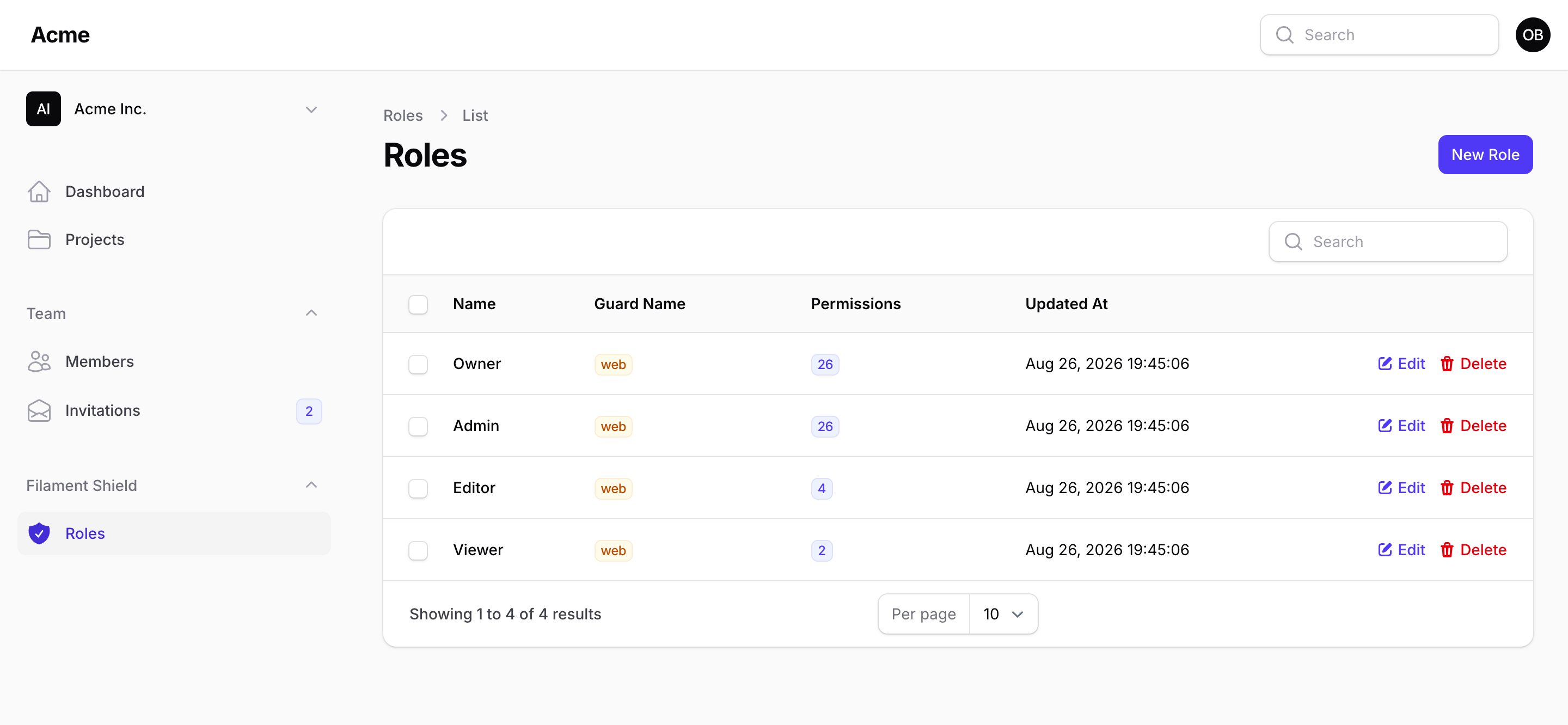 Filament Shield's Roles resource scoped to the current team
