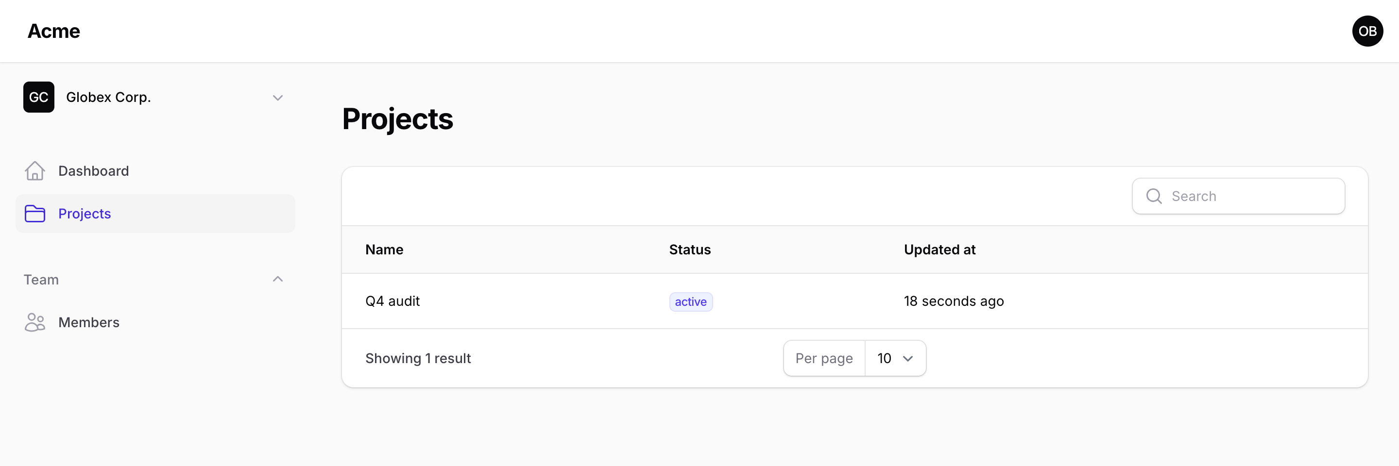 A viewer in Globex sees projects without a New project button