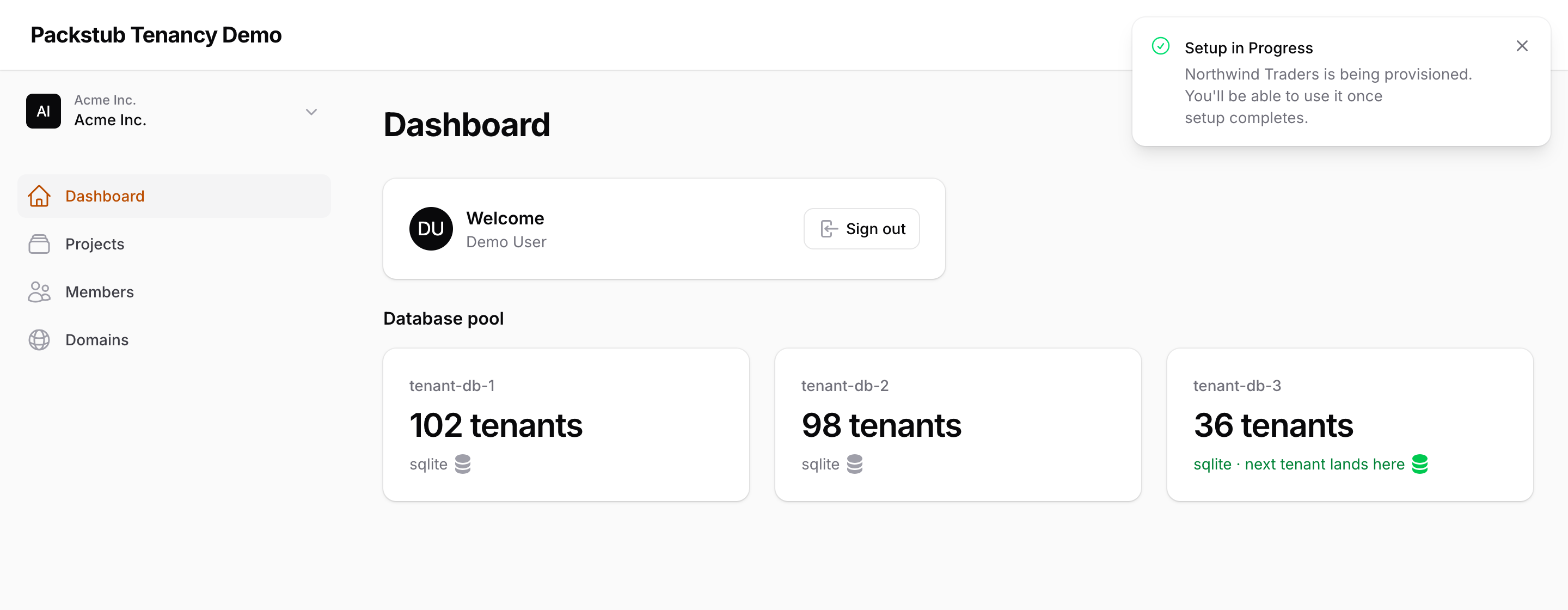 Database pool widget — live tenant counts per server with next-placement marker