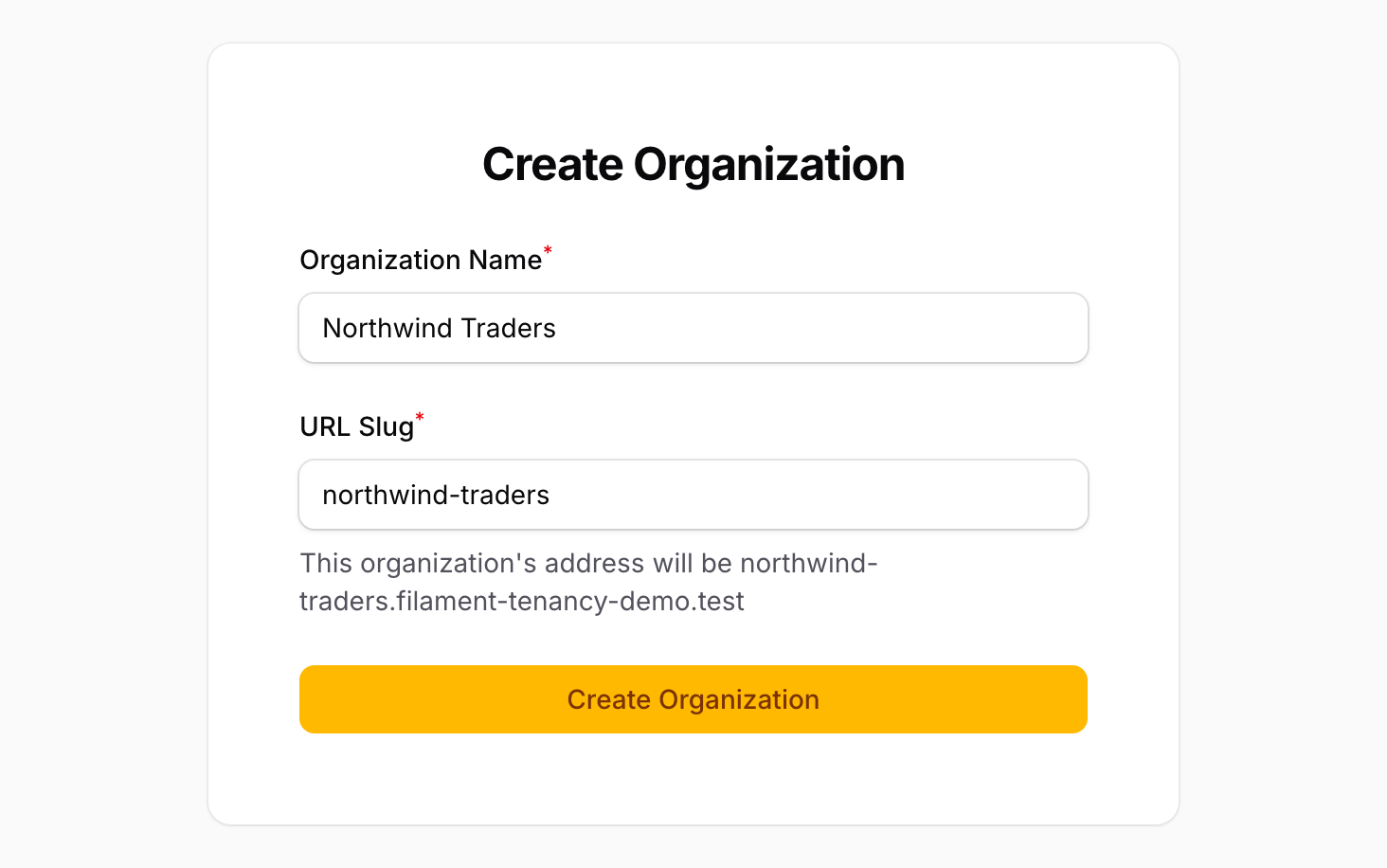 Create Organization form with live slug and address preview