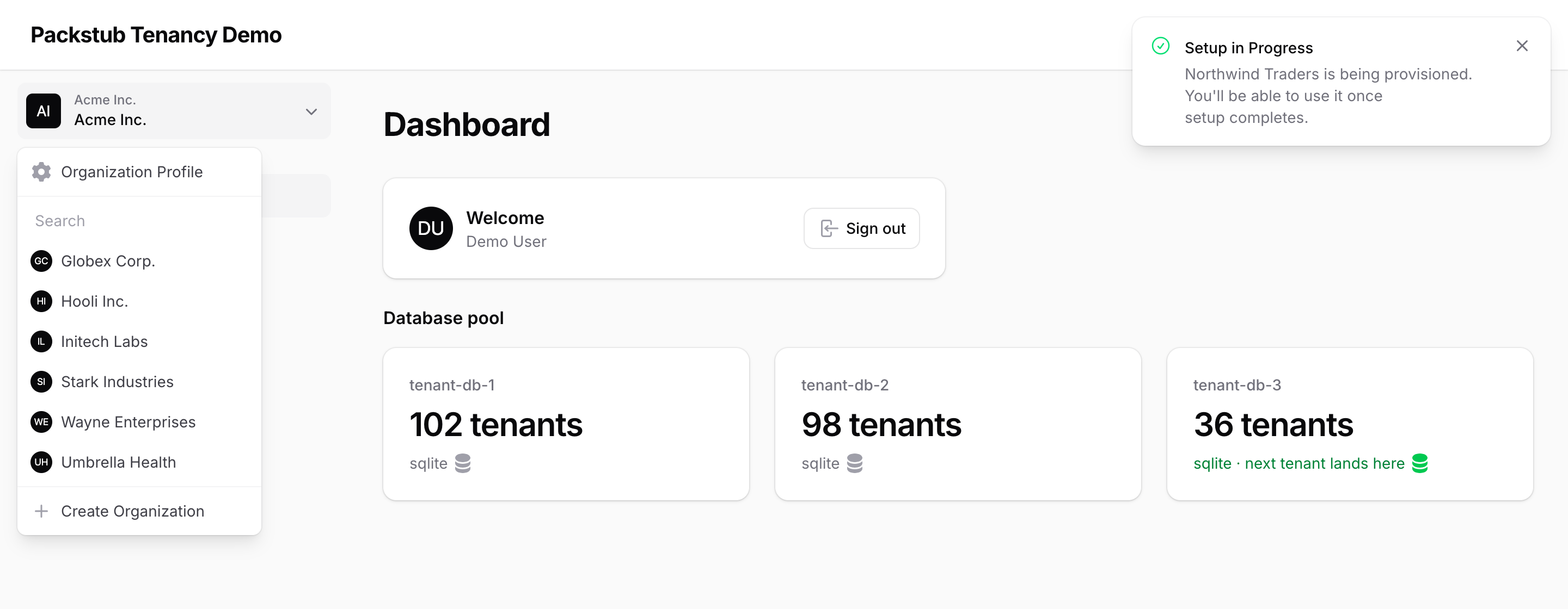 Searchable tenant switcher with provisioning notification