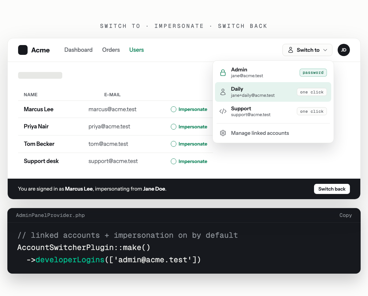 Filament Account Switcher screenshot
