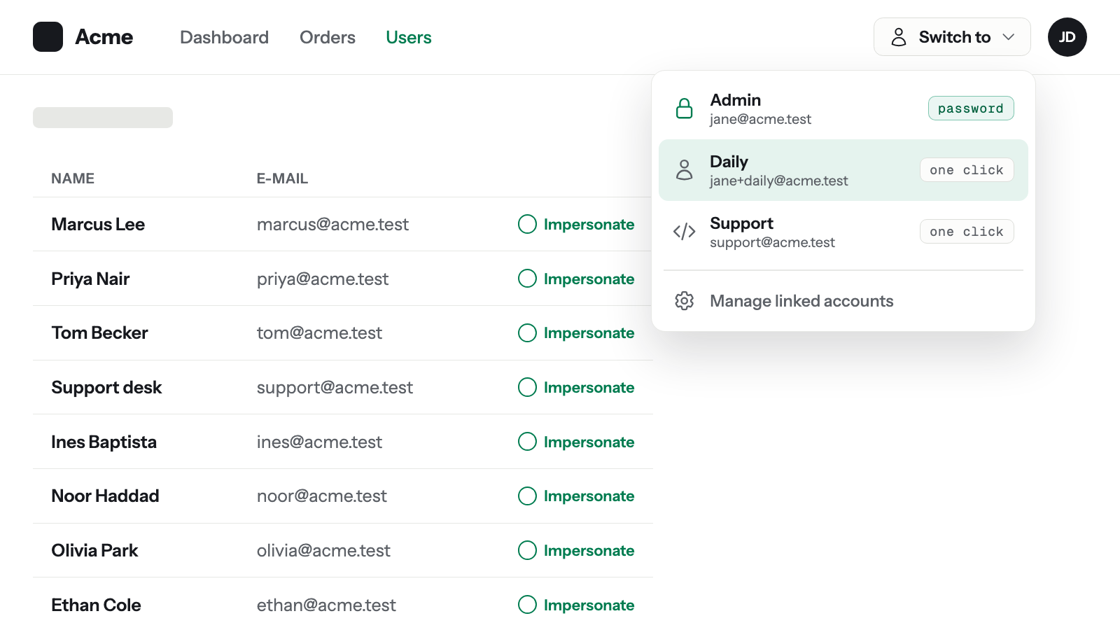 Filament Account Switcher screenshot